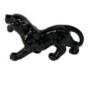 Vintage 1950's Black Red Ware Panther Figurine-Green Eyes Mid Century Modern